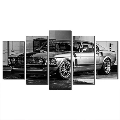 Image of Annick Goutal Canvas Wall Art 1969 Ford Mustang Sports Car Oil Painting 5 Panels Black and White Theme Picture Prints Artwork for Home Decor
