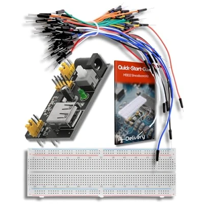 Image of AZDelivery Breadboard Kit compatible with MB 102 830 Tie Point Solderless Plug in Prototype PCB Board, Power Supply Module 3.3V 5V 700mA Adapter, 65 PCS Jumper Wire Set Arduino!