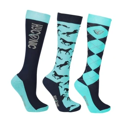 Image of HY EQUESTRIAN HYCONIC Pattern Socks (Pack of 3) Mizs 12 4 (Navy/Teal)