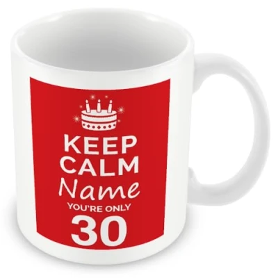 Image of 30th Birthday Gift Personalised Mug/Cup Add Name Keep Calm Design Red