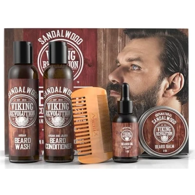 Image of Viking Revolution Beard Conditioner Kit Grooming For Men Softens, Smoothes &amp; Soothes With Wash Conditioner, Oil More Gifts Sandalwood