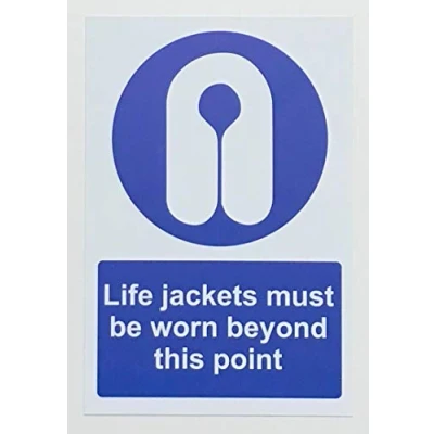 Image of Life jackets must be worn beyond this point Safety sign Self adhesive sticker 300mm x 200mm