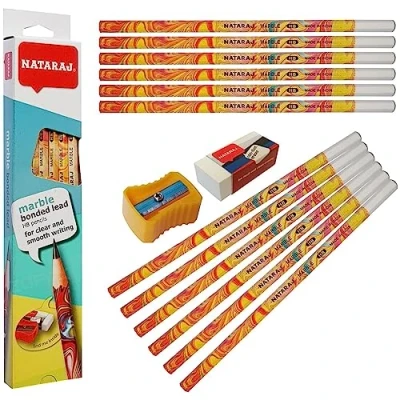 Image of B2SMarX Bonded Lead HB Pencils, Pack of 10, Pencils Eraser Sharpener Pack, Hexa Grip Write Draw Sketch, School Home Office, iZOFAX Black Ball Pen
