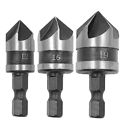Image of CEEYSEE 3 Pcs Hex Countersink Drill Bit Set 5 Flute 90 Degree Center Bits for Wood Quick Change 12mm 16mm 19mm