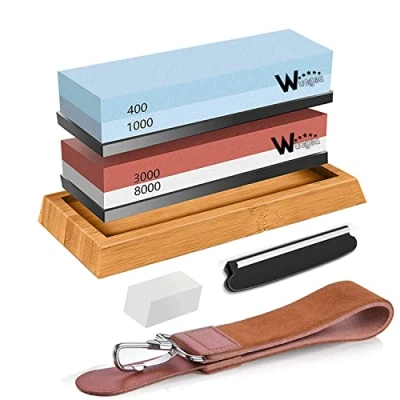Image of Knife Sharpening Stone Kit 400/1000 3000/8000 Grit Japanese Whetstone Sharpener Set with Non Slip Rubber Base Angle Guide Flattening and Leather Strop