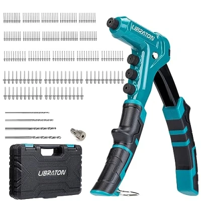 Image of Libraton One Handed Rivet Gun, Pop Gun Set, Professional Hand Riveter, Manual Riveting Tool with 200 Rivets for Metal, Includes 4 Drill Bits, Free Interchangeable Heads, Storage Case