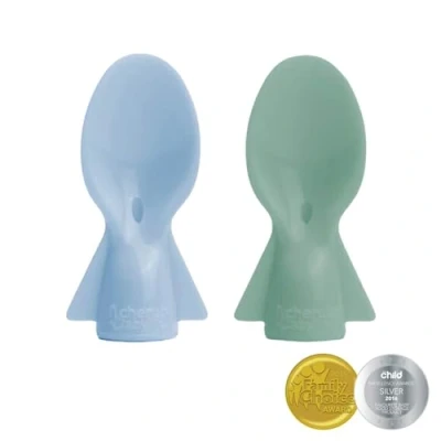 Image of Cherub Baby Universal Reusable Non Spill Food Pouch Squeeze Spoon Topper Attachment 2 Pack with Travel Case (Cerulean/Sage)