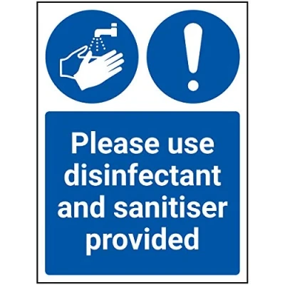 Image of V Safety Please Use Disinfectant And Sanitiser Provided 150mm x 200mm 1mm Rigid Plastic
