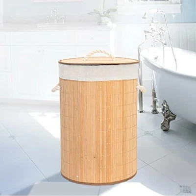 Image of MantraRaj Bamboo Laundry Hamper Basket Clothes Storage Organizer Bag Lid Natural Ideal For Bedrooms Bedroom, Laundry, Utility Room