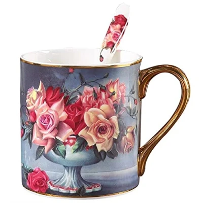 Image of YBK Tech Bone China Porcelain Tea Cup, 12oz Coffee Mug for Home Kitchen Office Vintage Rose Pattern (Gray)
