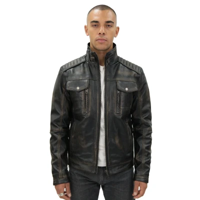 Image of Men&#039;s Racer Vintage Black 100% Leather Retro Biker Jacket Distressed Motorcycle 5XL