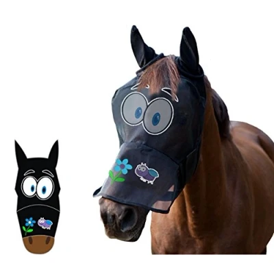 Image of LTG PRO® Horse Pony Cob Fly Mask Net Veil Hood Full Face Cartoon Polyester Ears Nose Protection (Cartoon Big Eyes, Cob)