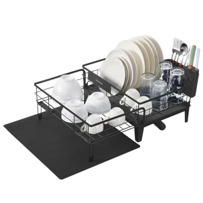 Image of SONGMICS Dish Drying Rack, Expandable Drainer, Water Absorbent Silicone Mat, 360 Rotatable and Extendable Spout, Steel, Tall Legs, 31 56 x 42 20 cm, Ink Black KCS552B01