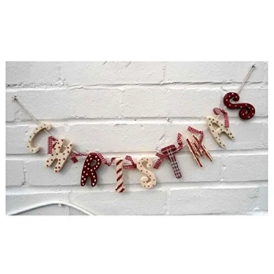 Image of Christmas Garland Banner Tartan Ribbons Wooden Hanging Decorations Vintage Country Style Bunting Xmas Home Wall Decor
