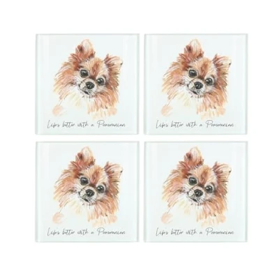 Image of Pomeranian Coaster Set Life&#039;s Better With a Dog Gift Square Glass of Four (4) Coasters