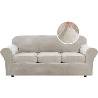 Image of LINGKY Velvet Sofa Cover 3 Seater With Separate Seat Cushion Covers, Stretch Couch Non Slip Slipcovers for Living Room Furniture Protector (Oatmeal,3 Seater)
