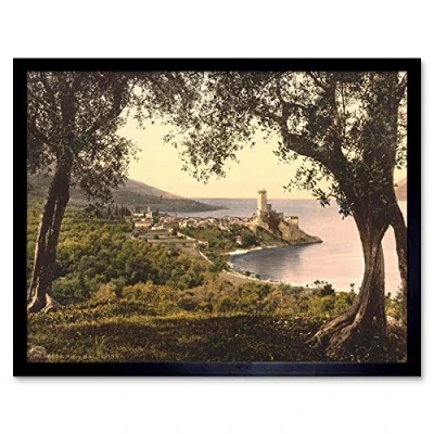 Image of Wee Blue Coo Photograph Lakeside Castle Malcesine Lake Garda Italy Art Print Framed Poster Wall Decor 12X16 Inch