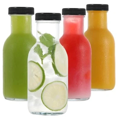 Image of LIMILI Glass Juice Bottles with Lids, 4 pack 250ml Reusable Dairy Drinking Clear for Homemade Beverages Picnics Travel School