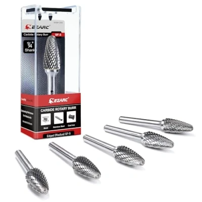 Image of EZARC 5PCS Tungsten Carbide Rotary Burr Set, SF 5 Double Cut 1/4&quot; Shank Die Grinder Bits for Metal Working &amp; Sturdy Storage Case