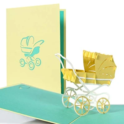 Image of G13.4 Pop up pram card, usable for girl and boy, new baby born best wishes card to birth of a child, greeting baby, gift as voucher