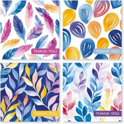 Image of Thank You Cards Multipack of 32. Each Greeting Pack includes 4 Colourful designs. 115 x 115mm. Blank Inside. Envelopes included. Made in UK.