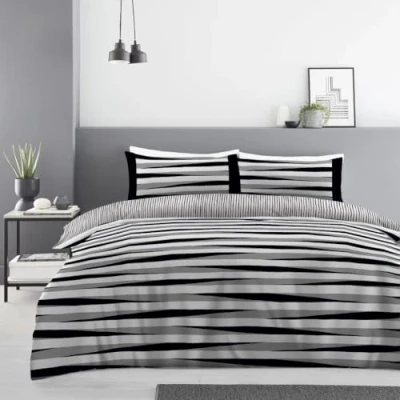 Image of Super Dreamer 4 Piece Complete Bed Set Duvet Cover King Size Reversible Striped Bedding With Pillowcases Breathable Linen Quilt Fitted Sheet