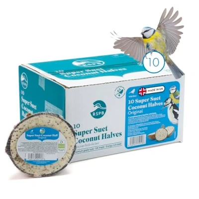 Image of RSPB Coconut Bird Feeder Halves, Wild Food for Small Birds with Suet, Seeds, and Cereals, High Energy Food, Filled in the UK, Suitable Year Round Feeding (10 x 320g)