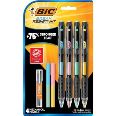 Image of Bic Break Resistant Mechanical Pencils with Erasers, No. 2 Medium Point (0.7mm), 4 Count Pack for School or Office Supplies