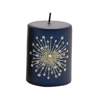 Image of Christmas Gold Glitter Decorated Luxury Festive Pillar Candle (Small 10cm, Blue)