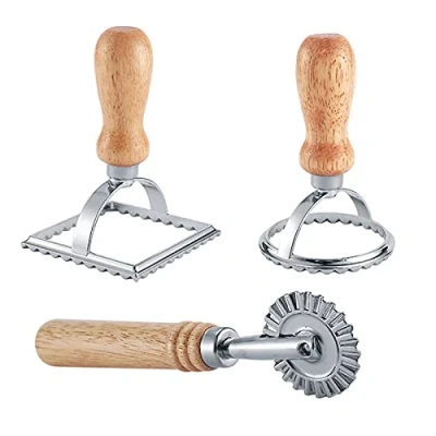 Image of Ravioli Maker Stamp Cutter with Roller Wheel Set, Pasta Mold Wooden Handle and Fluted Edge, Press for Pasta, Dumplings Lasagna, Pierogi (3 Set Cutter)