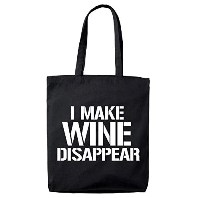 Image of Lolmugs I Make Wine Disappear 100% Cotton Black 38x42cm Funny Tote Bag