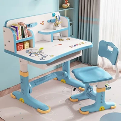 Image of Kids Study Desk and Chair Set Children Desk, Height Adjustable Children&#039;s School Table with Drawer Shelf for Bedroom Classroom Astronaut Pattern (blue)