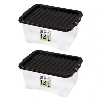 Image of Neat. Plastics 14L Heavy Duty Storage Box, Clear Base, Black Lid Organise Easily with Plastic Box Lid, Ideal Boxes for Storage, Durable Lids Pack of 2