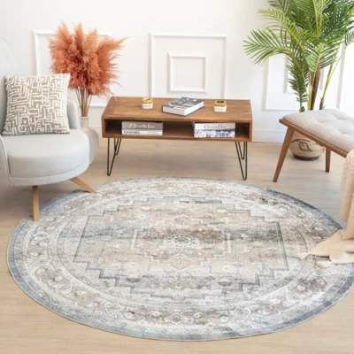 Image of Livabliss Sitra Machine Washable Rug Vintage Area Rugs Living Room, Round 200 cm Traditional Boho Style, Dining Kitchen, Outdoor, Hallway Ivory, Blue and Grey