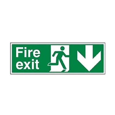 Image of V Safety 14002BP S Fire Exit Arrow Down Sign, Landscape, Self Adhesive Vinyl, Green, 600 mm x 200