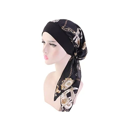 Image of Women Chemo Turban, Cotton Turban Cap Elastic Head Cover Turbans Satin Scarf Headwear Headwrap for Cancer Black Chain