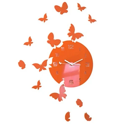 Image of FLEXISTYLE Large Modern Wall Clock Butterfly Round 30 cm 15 Butterflies Living Room Bedroom Children&#039;s Product Made in the EU (Orange)