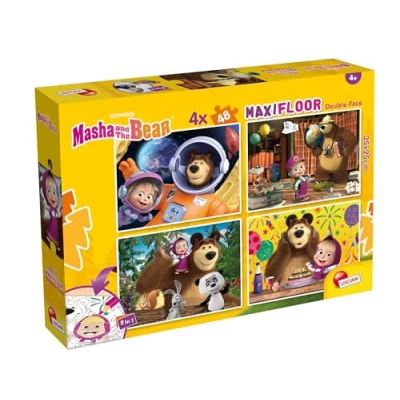 Image of Lisciani MASHA and the BEAR MaxiFloor Jigsaw Puzzle 4 x 48 Pieces For Kids aged up 25x35 cm Puzzles with Coloring Game on Back Develops Thinking Ability Skill