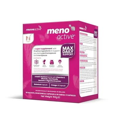 Image of Meno Active Menopause, Post Menopause Multi Nutrient Sachet with Vitamins &amp; Minerals, Omega 3 Botanical Capsule Support for Women. 30 Day Supply