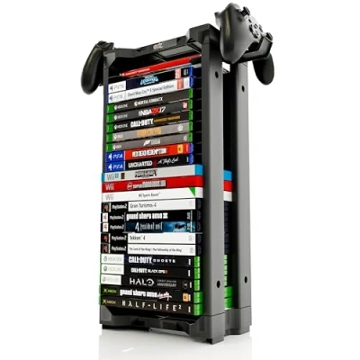 Image of ADZ Universal Game Holder 23 Storage Tower Rack for PS2 PS3 PS4 PS5 PSP Xbox 360 One Series X Wi Switch Games DVD and Blu Ray Disks. Includes 2 Controller Mounts (Black)