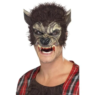 Image of Smiffys Werewolf Half Face Latex Mask, Brown with Fur &amp; Teeth, Halloween Fancy Dress Accessory, Up Masks
