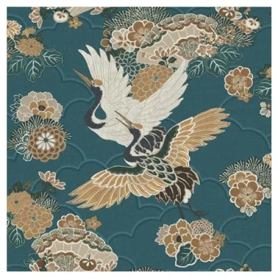 Image of Akari Kyoto Cranes Floral Wallpaper Teal Rasch 282770