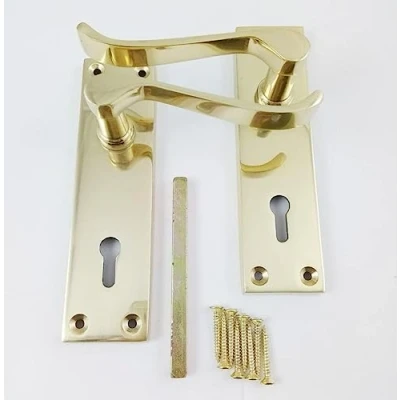 Image of victorian scroll door handle lever lock set 155mm x 41mm. polished brass suitable for 3 or 5 sashlock