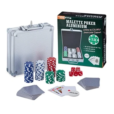 Image of Relaxdays Case, Chips Without Value, 2 Card Decks, 5 Dice, Dealer Button, Poker Set, Lockable, Silver, 60% aluminium 30% plastic 10% felt, 100 Pokerchips