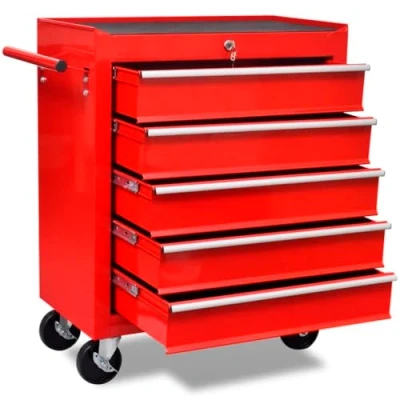 Image of vidaXL Workshop Tool Trolley Steel Red Box with 5 Sliding Drawers, Lockable System, Robust Worktop, and Swivel Castors