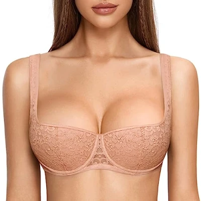 Image of DOBREVA Women&#039;s Push Up Bra Sexy Balconette Padded Half Cup Lace Underwired Cream Coffee 36B