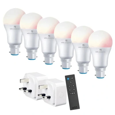 Image of 4LITE WiZ Connected Smart Lighting Kit Including 6x B22 Bayonet Bulbs 1x Remote Control &amp; 2x 3 Pin UK Plugs