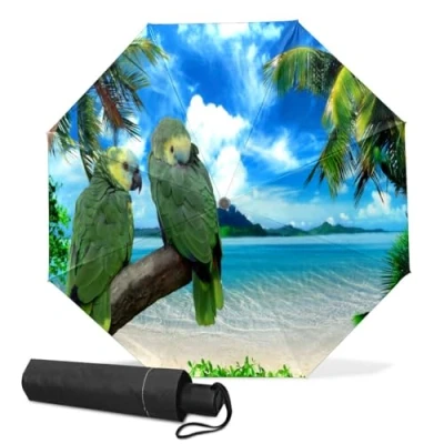 Image of GISPOG Automatic Folding Umbrella, Green Parrot Tree Branch Waterproof Compact Sun and Rain Travel Umbrellas for Women &amp; Men