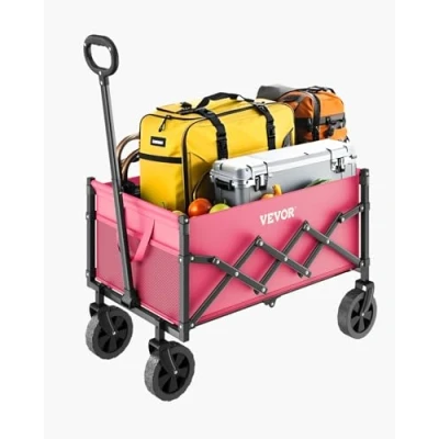 Image of VEVOR Collapsible Wagon Carts, 120L &amp; 225LBS Folding Wagons with All Terrain Wheels, Heavy Duty Outdoor Utility Cart Adjustable Handle, Portable Camping for Beach Grocery Garden Pink Black