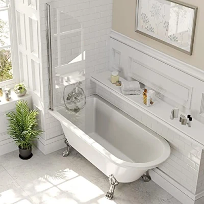 Image of White Traditional Bathroom Freestanding Roll Top Bath Single Ended with Chrome Feet and Screen 1500mm Acrylic
